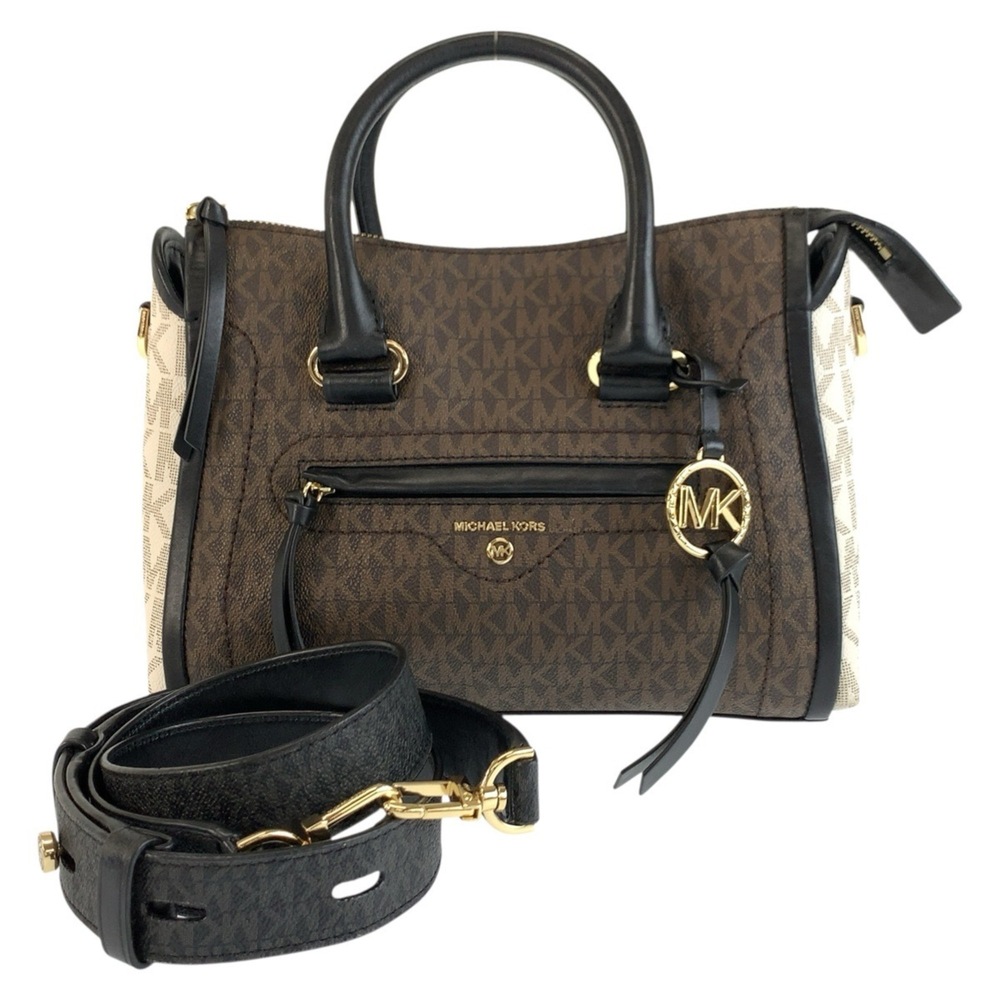 Michael Kors MK Signature Satchel, Brown, White, Black, 30S0GCCS1V, Handbag, ...